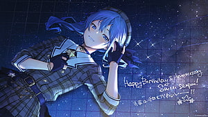 Hoshimachi Suisei in Plaid Outfit Against a Starry Night Sky HD wallpaper