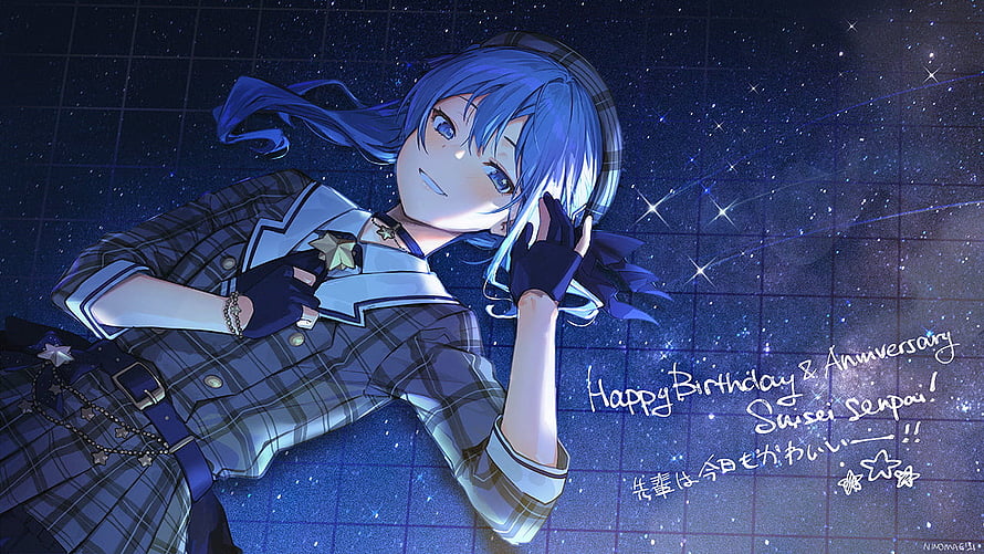 Hoshimachi Suisei in Plaid Outfit Against a Starry Night Sky HD wallpaper