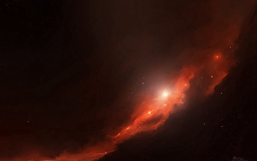 Vibrant Red Emission Nebula with Bright Central Star and Dark Dust Lanes in Deep Space HD wallpaper