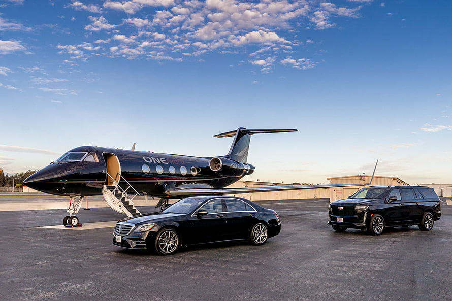 Luxury Private Jet and Black Luxury Cars Parked on Airport Tarmac at Sunset HD wallpaper