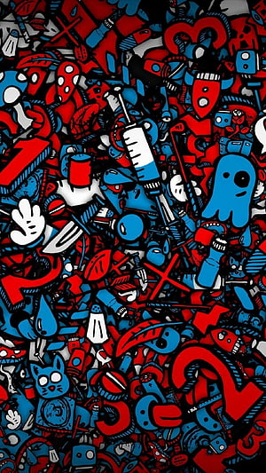 Vibrant Doodle Art Pattern with Red Blue and White Cartoon Characters and Objects HD phone wallpaper