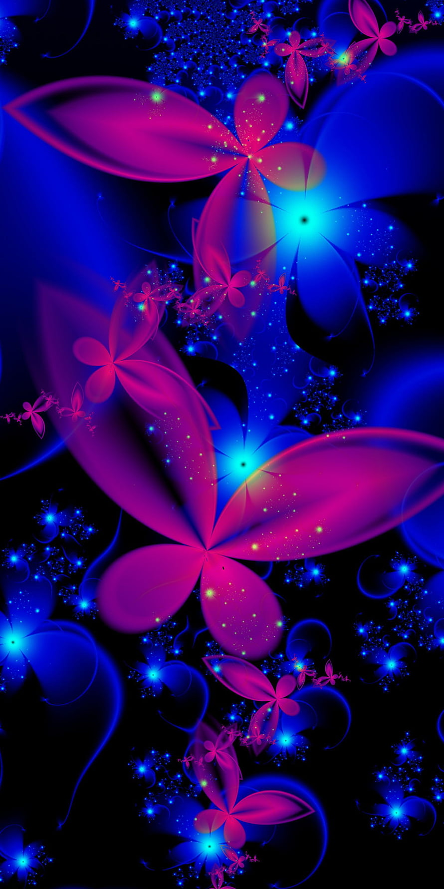 Glowing Fractal Flowers and Magical Purple Petals on Dark Background HD phone wallpaper