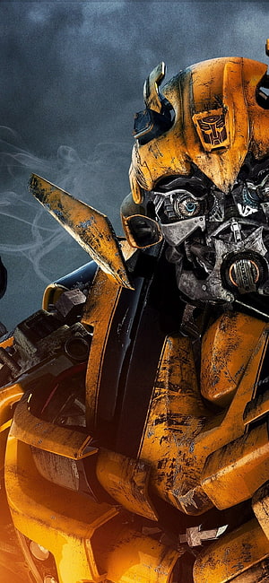 Bumblebee Transformers Robot Close-Up Portrait with Battle Damage and Smoke HD phone wallpaper