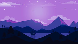 Minimalist Purple Mountain Landscape with Ship on Lake at Night HD wallpaper