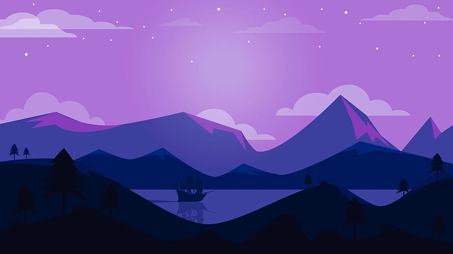 Minimalist Purple Mountain Landscape with Ship on Lake at Night HD wallpaper