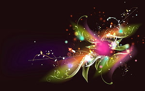 Vibrant Abstract Floral Design with Glowing Swirls and Sparkling Particles on Dark Background HD wallpaper