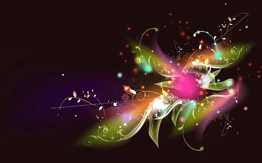 Vibrant Abstract Floral Design with Glowing Swirls and Sparkling Particles on Dark Background HD wallpaper