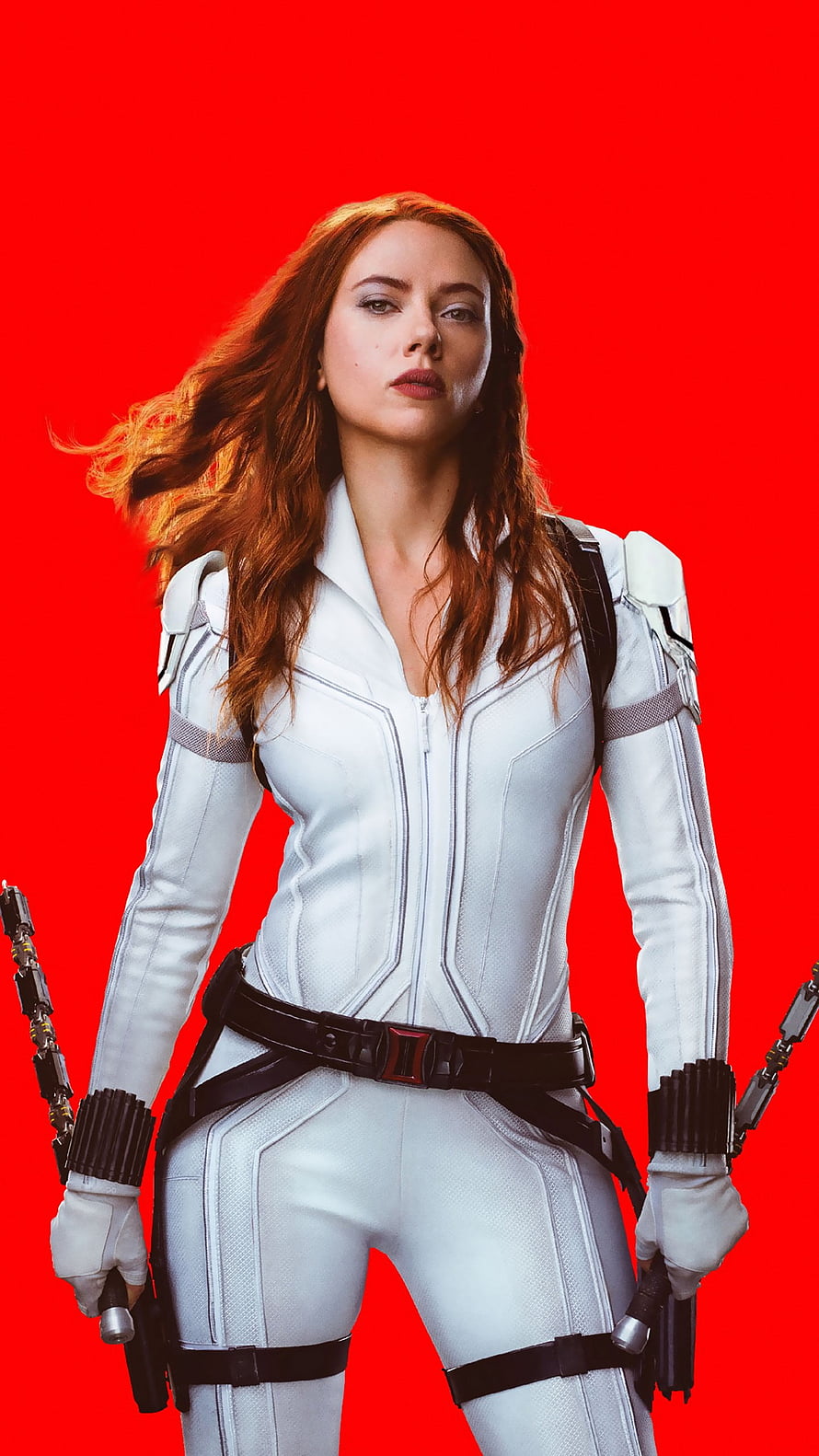 Scarlett Johansson as Black Widow in White Tactical Suit with Red Background HD phone wallpaper