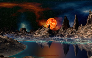 Alien Landscape with Fiery Red Planet and Jagged Mountain Reflections in a Calm Lake HD wallpaper