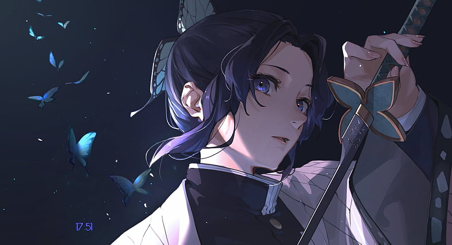 Shinobu Kocho from Demon Slayer Holding Katana with Glowing Blue Butterflies in Dark Setting HD wallpaper