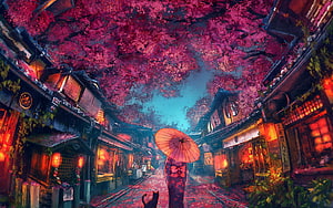 Girl in Kimono with Parasol Under Cherry Blossoms in a Traditional Japanese Street at Dusk HD wallpaper
