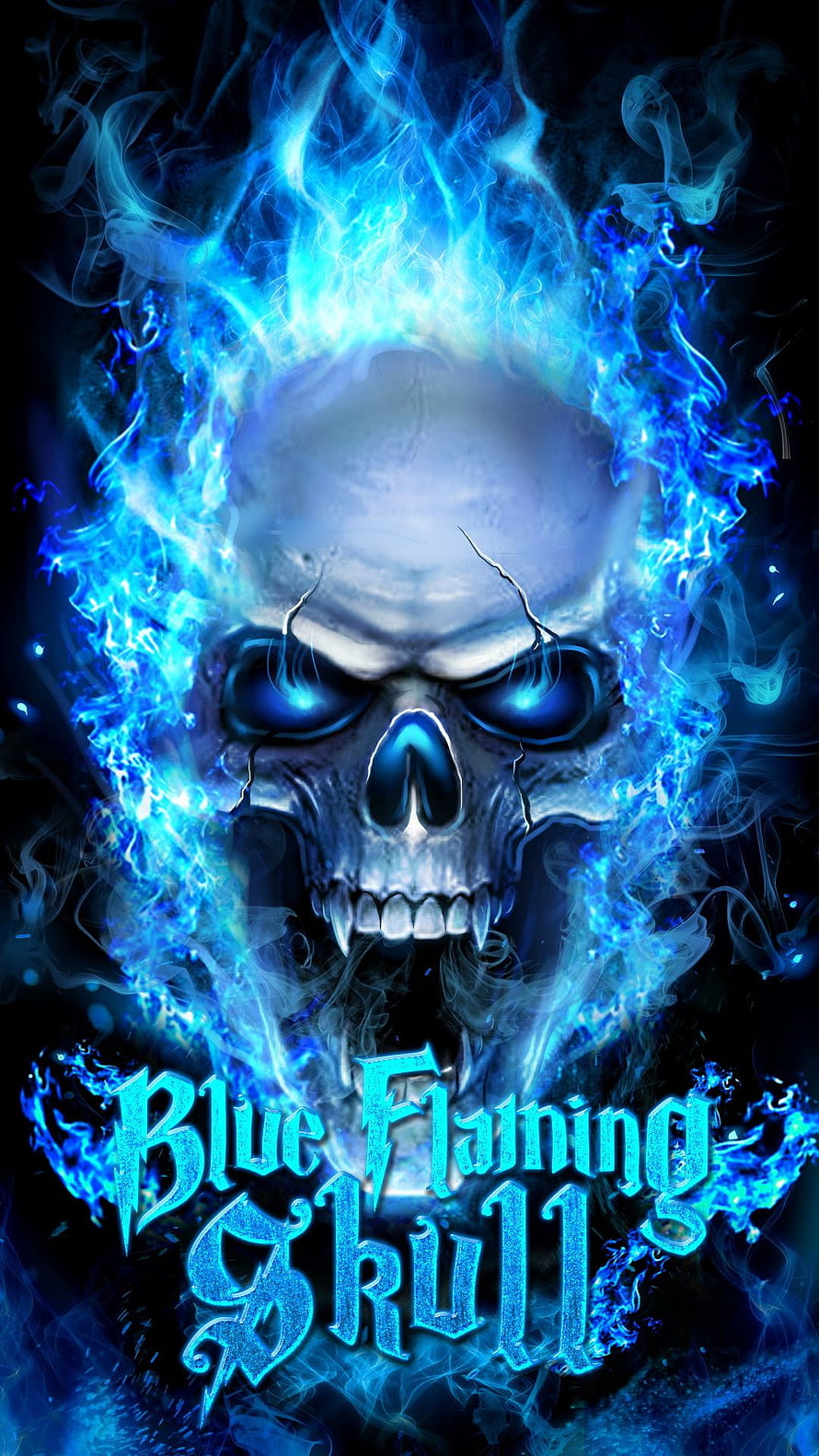 Blue Flaming Skull with Glowing Eyes and Ethereal Smoke on Dark Background HD phone wallpaper