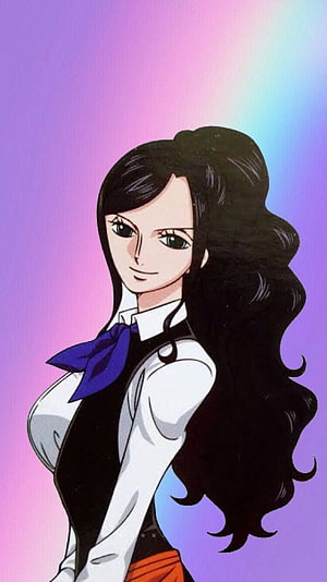 Nico Robin from One Piece in a white shirt and black vest with a blue bow tie against a pastel gradient background HD phone wallpaper