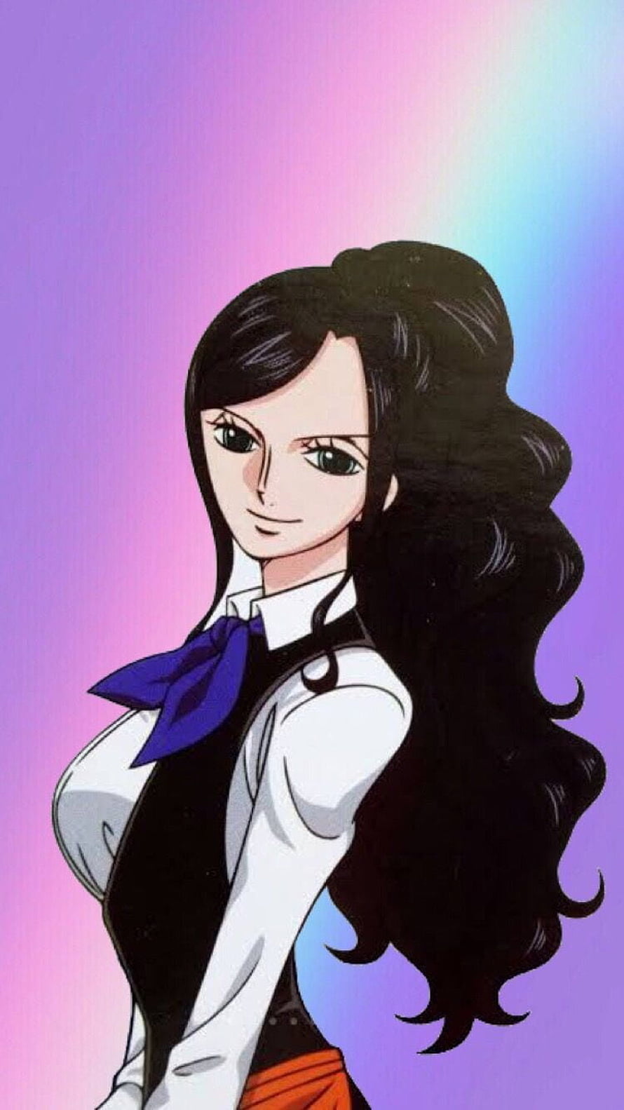 Nico Robin from One Piece in a white shirt and black vest with a blue bow tie against a pastel gradient background HD phone wallpaper