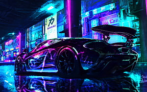 Black McLaren P1 Hypercar in Neon-Lit Cyberpunk City Street at Night HD wallpaper
