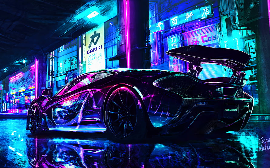 Black McLaren P1 Hypercar in Neon-Lit Cyberpunk City Street at Night HD wallpaper