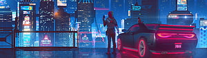 Cyberpunk Cityscape with Futuristic Sports Car and Hooded Figure HD wallpaper