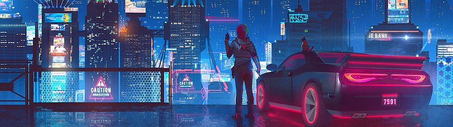 Cyberpunk Cityscape with Futuristic Sports Car and Hooded Figure HD wallpaper