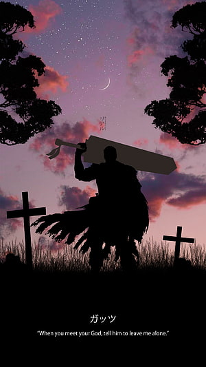 Guts from Berserk Silhouette Carrying Giant Sword in Twilight Cemetery HD phone wallpaper