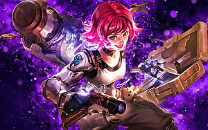 Beatrix from Mobile Legends in a dynamic action pose wielding a large weapon against a vibrant purple cosmic background HD wallpaper