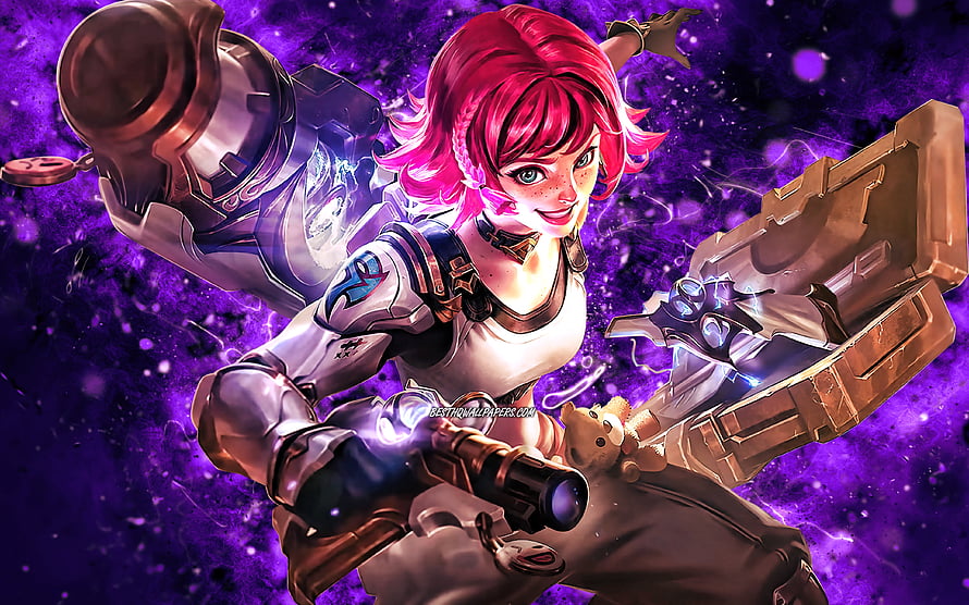 Beatrix from Mobile Legends in a dynamic action pose wielding a large weapon against a vibrant purple cosmic background HD wallpaper