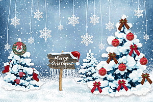 Festive Winter Christmas Scene With Snowy Trees, Ornaments, And Merry Christmas Sign HD wallpaper