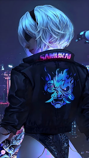 2B from NieR Automata in Cyberpunk Jacket with Samurai Text and Oni Mask Design HD phone wallpaper