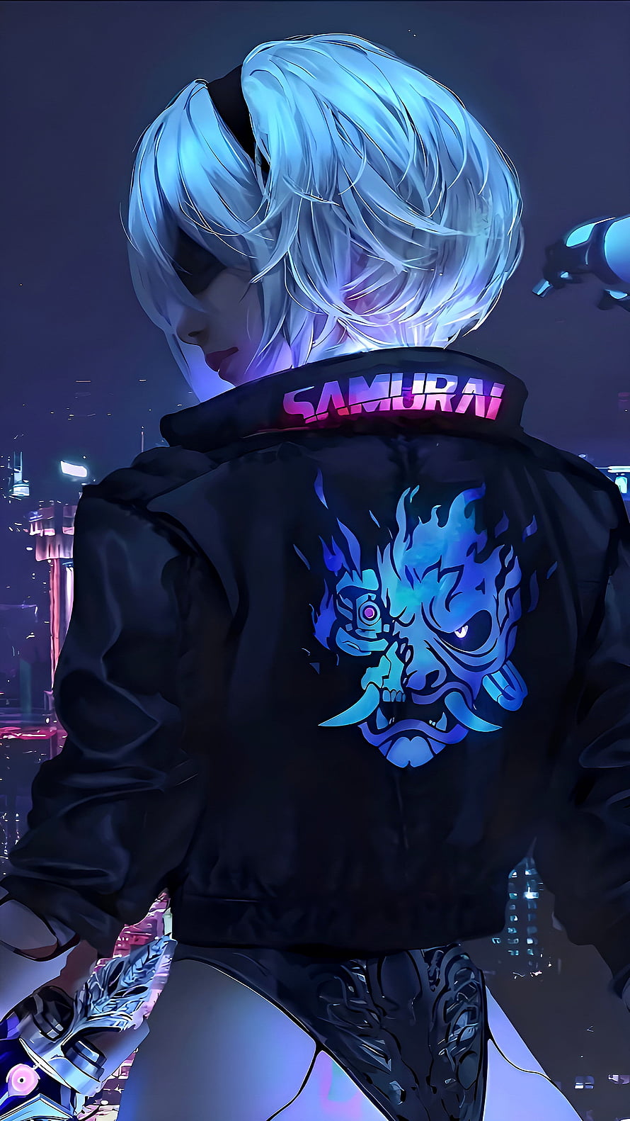 2B from NieR Automata in Cyberpunk Jacket with Samurai Text and Oni Mask Design HD phone wallpaper