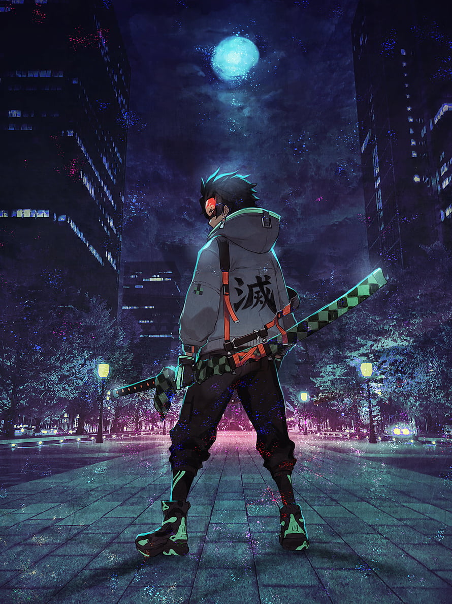Anime character with katana standing in a neon-lit city street under a full moon HD phone wallpaper
