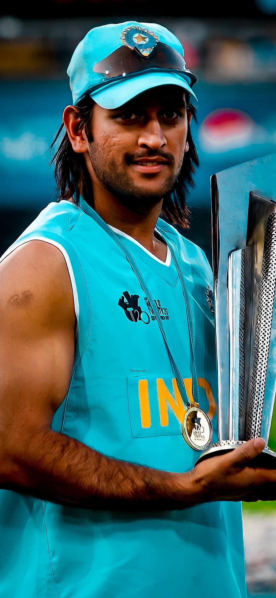 Mahendra Singh Dhoni Holding Cricket Trophy in India Blue Jersey HD phone wallpaper