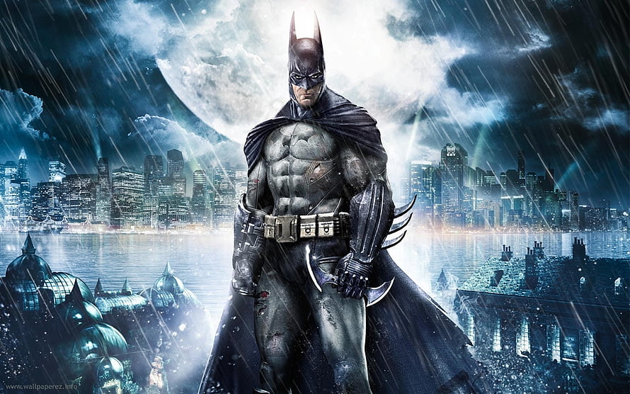 Batman in Dark Rainy Gotham Cityscape with Moonlit Sky and Dramatic Lighting HD wallpaper
