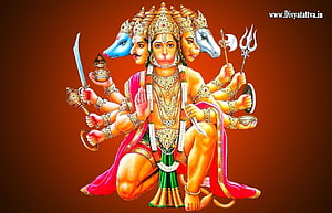Panchmukhi Hanuman Five-Headed Hindu Deity Artwork with Weapons and Divine Regalia HD wallpaper