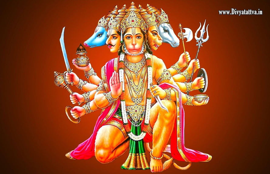 Panchmukhi Hanuman Five-Headed Hindu Deity Artwork with Weapons and Divine Regalia HD wallpaper