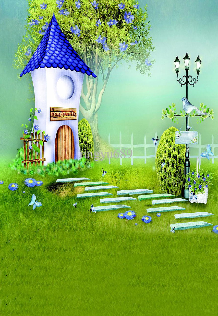 Whimsical Garden Scene with Blue Turreted Cottage, Stepping Stones, and Vintage Lamp Post HD phone wallpaper