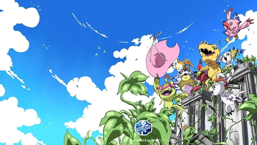 Digimon Adventure Tri Group of Digimon on Ruined Structure Under Blue Sky HD wallpaper