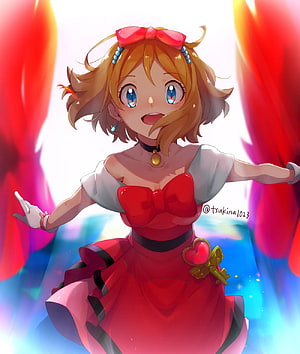 Serena from Pokemon in a red stage costume with a large bow and key accessory HD phone wallpaper