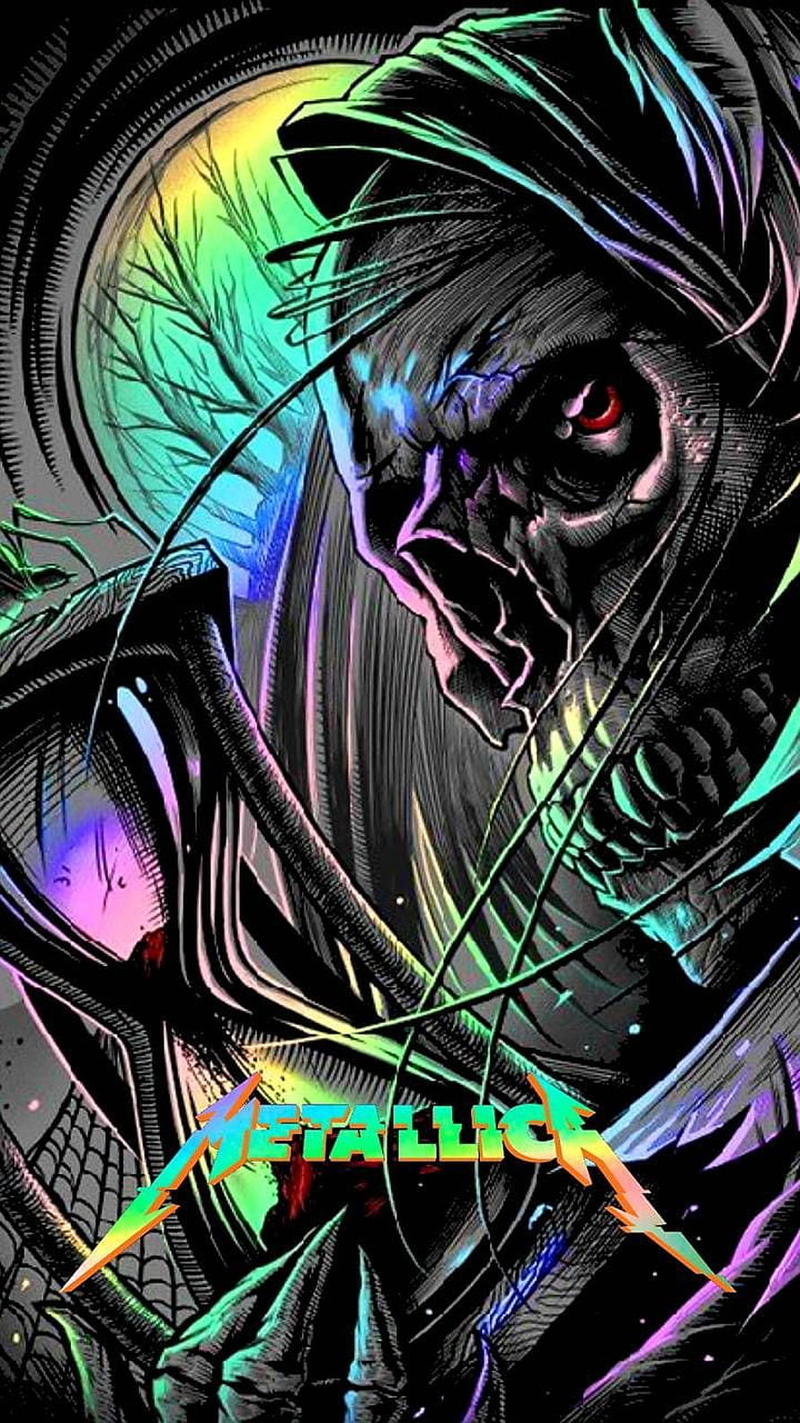 Metallica Skull Artwork by Crooklynite with Neon Rainbow Gradient and Comic Style Illustration HD phone wallpaper