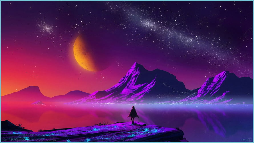 Lone figure on a glowing cliff beneath a starry sky and a large orange moon HD wallpaper