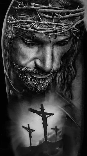Black and White Jesus Christ Tattoo Design with Crown of Thorns and Crosses HD phone wallpaper