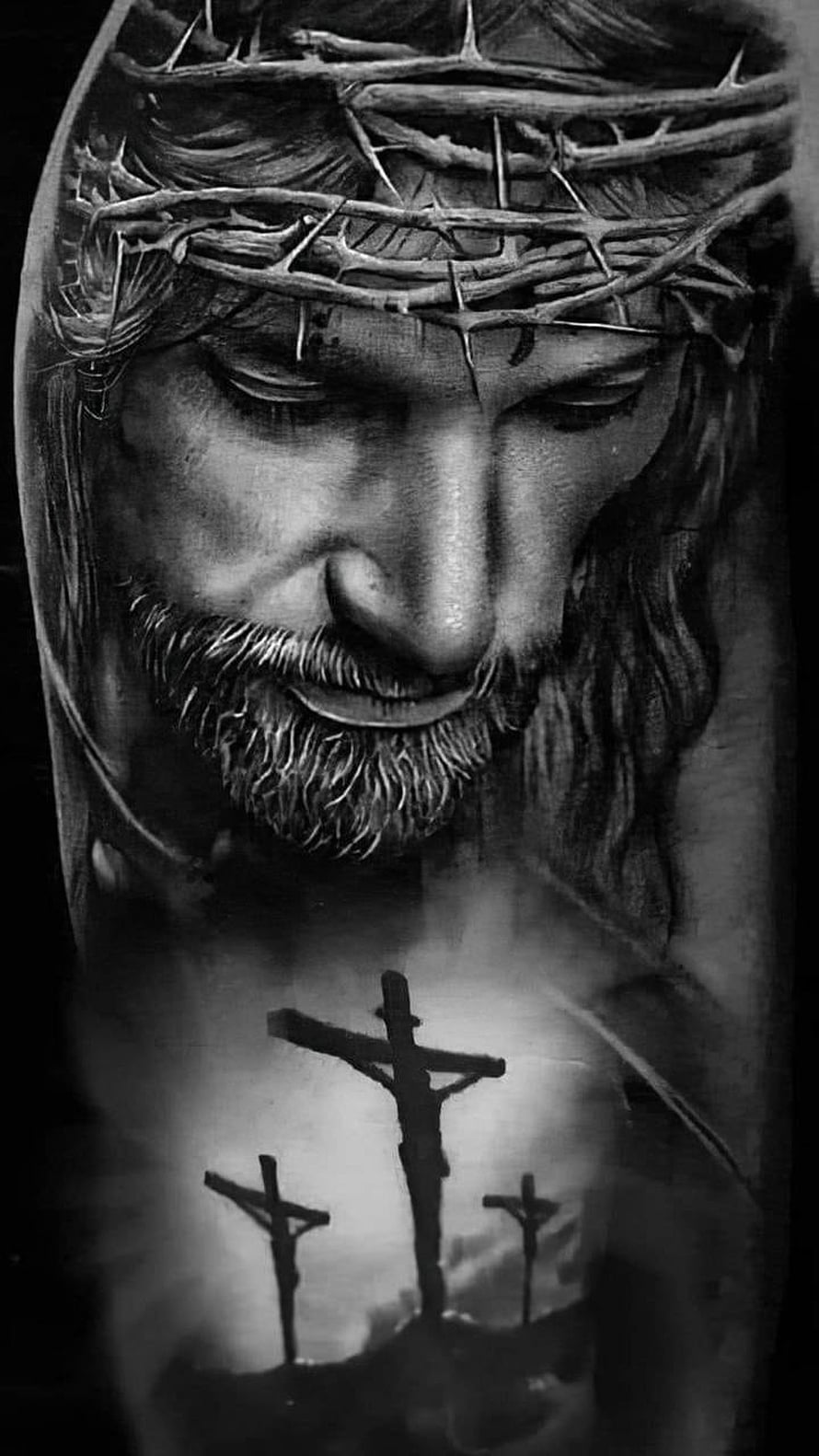 Black and White Jesus Christ Tattoo Design with Crown of Thorns and Crosses HD phone wallpaper