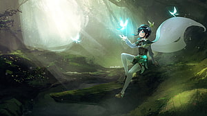 Genshin Impact Venti Sitting in a Sunlit Forest with Glowing Butterflies HD wallpaper