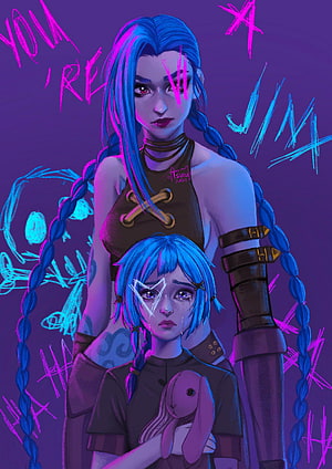 Jinx and Powder digital illustration from Arcane with neon graffiti and purple tones HD phone wallpaper