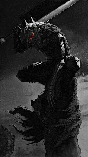 Guts from Berserk in Dark Armor with Red Eyes and Sword in Rainy Storm HD phone wallpaper