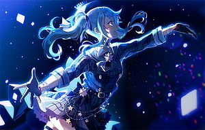 Hoshimachi Suisei in a dynamic stage pose with flowing blue hair and starry background HD wallpaper
