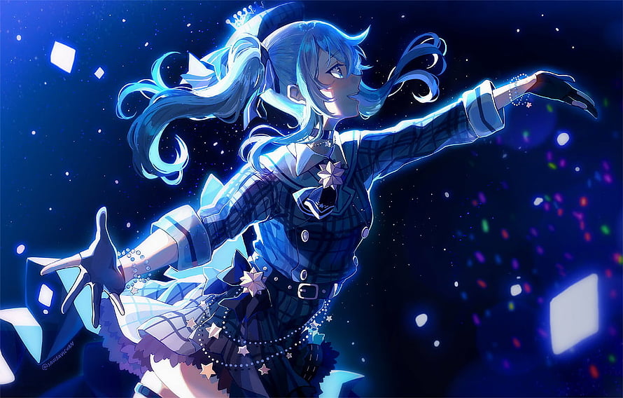 Hoshimachi Suisei in a dynamic stage pose with flowing blue hair and starry background HD wallpaper