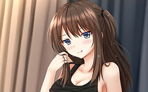 Anime Girl With Brown Hair And Blue Eyes In Black Tank Top HD wallpaper