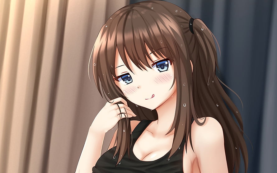 Anime Girl With Brown Hair And Blue Eyes In Black Tank Top HD wallpaper