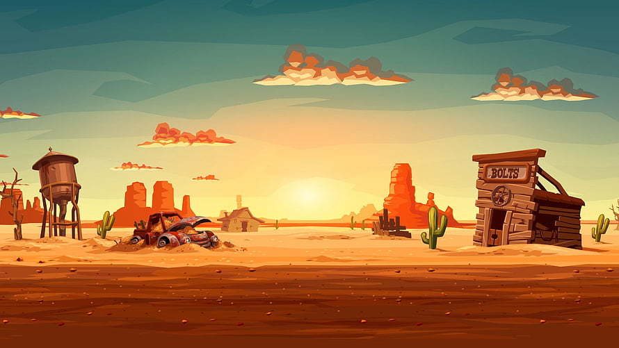 Cartoon Desert Landscape with Water Tower, Abandoned Car, and Bolts Shop at Sunset HD wallpaper