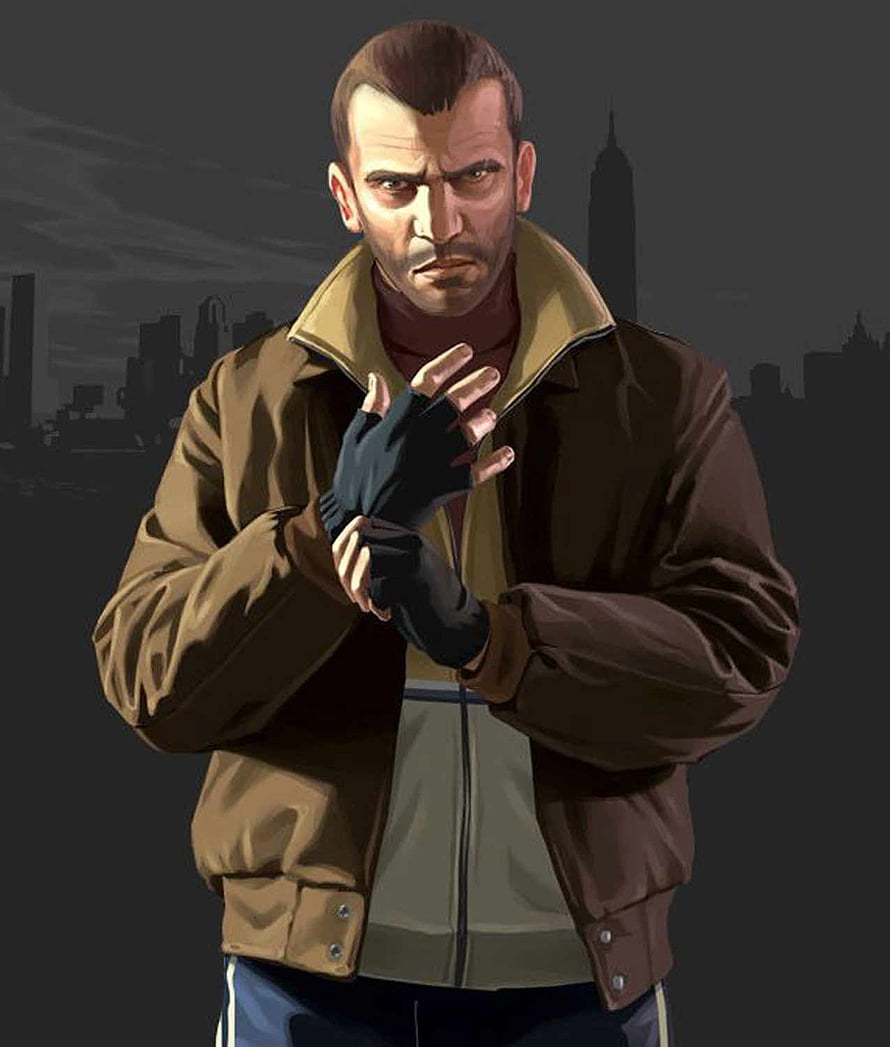 Niko Bellic from Grand Theft Auto IV in a brown bomber jacket with city skyline backdrop HD phone wallpaper