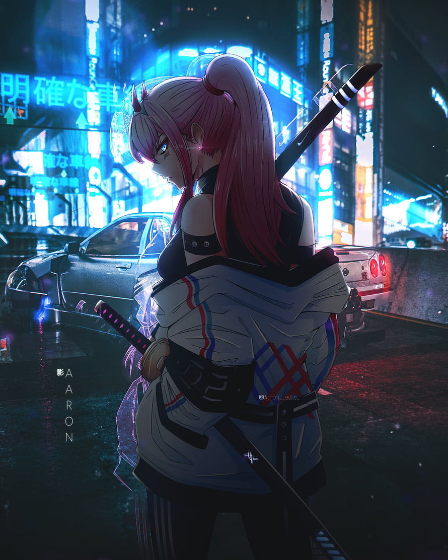 Zero Two from Darling in the Franxx in a Neon-Lit Cyberpunk City HD phone wallpaper